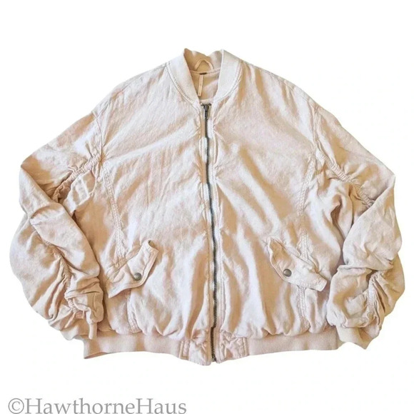 FREE PEOPLE Ruched Cosy Fit Soft Bomber Jacket Almond Beige Size S OB615916 - Picture 3 of 12